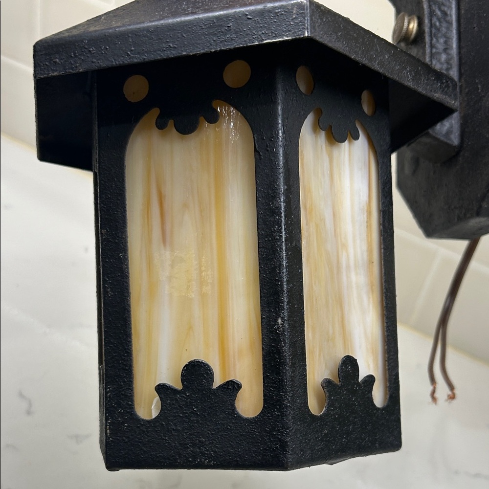 Carmel Slag Glass Iron Black Cottage Sconce- antique